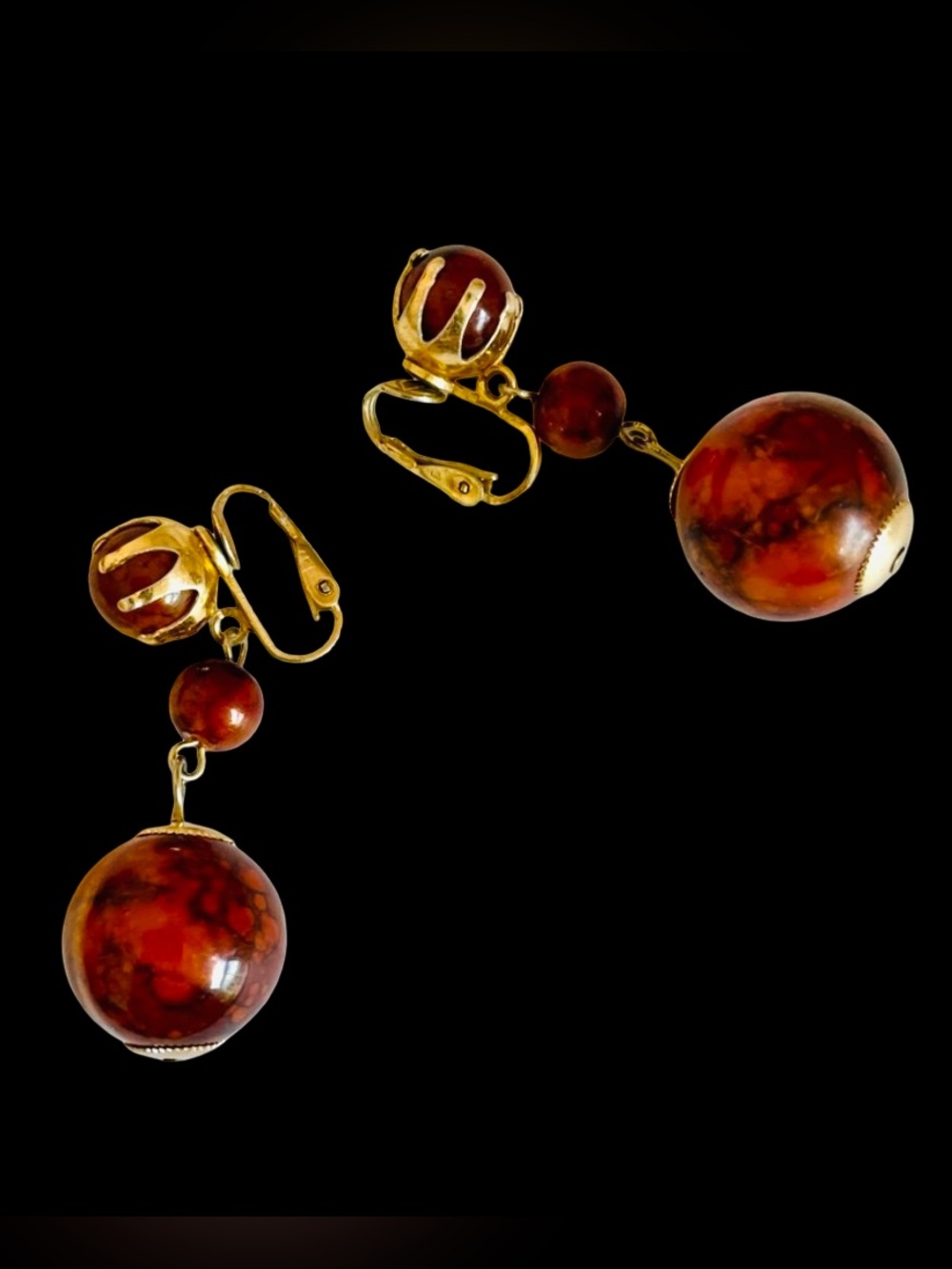 Vintage Mid-Century Root Beer Bakelite Drop Dangle Clip Earrings Hong Kong